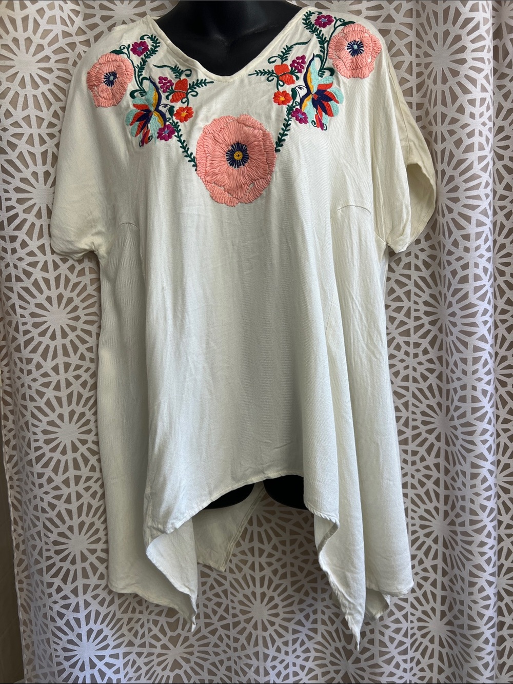 Judith March Cream Flowy Tunic with Pink Floral Embroidery